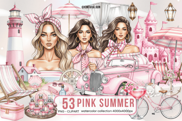 Pink Summer Watercolor Clipart Bundle