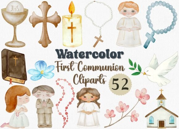 Watercolor First Communion Clipart Set