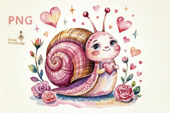 Whimsical Snail with Hearts PNG